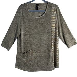 Focus Top Womens Size M Gray Pullover Tunic Front Pocket Gold Silver Graphic